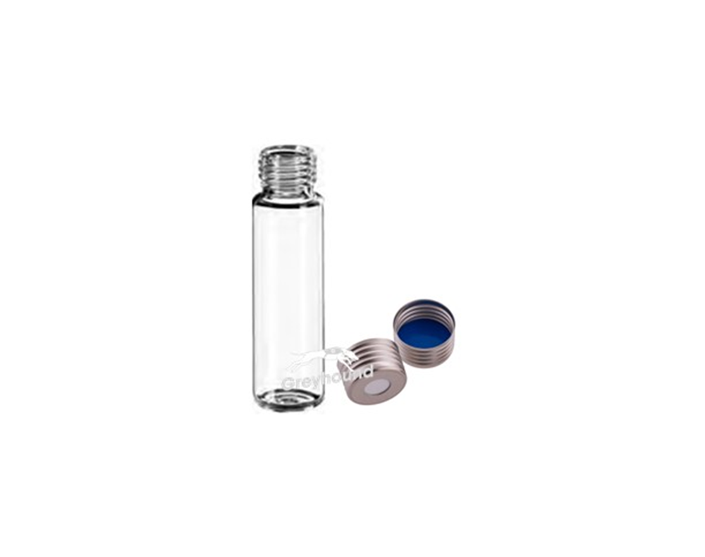 Picture of Vial Kit - P/Nos. 60-100286 and 60-100915  20mL Headspace Vial, Screw Top, Clear Glass, Rounded Base + 18mm Magnetic Screw Cap (Silver) with pre-fitted PTFE/Blue Silicone Septa, (Shore A 40) Q-Clean